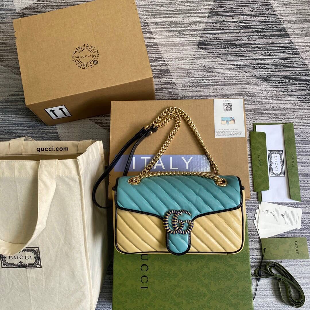 Gucci GG Marmont Matelasse Shoulder Bag Replica Blue Yellow 443497 - DEEPREPS