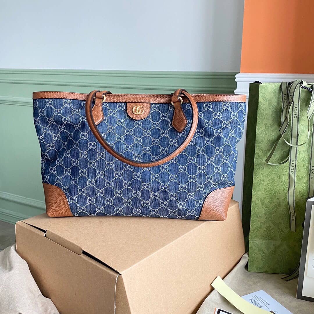 Gucci Ophidia Leather Tote Replica Blue 631685 - DEEPREPS
