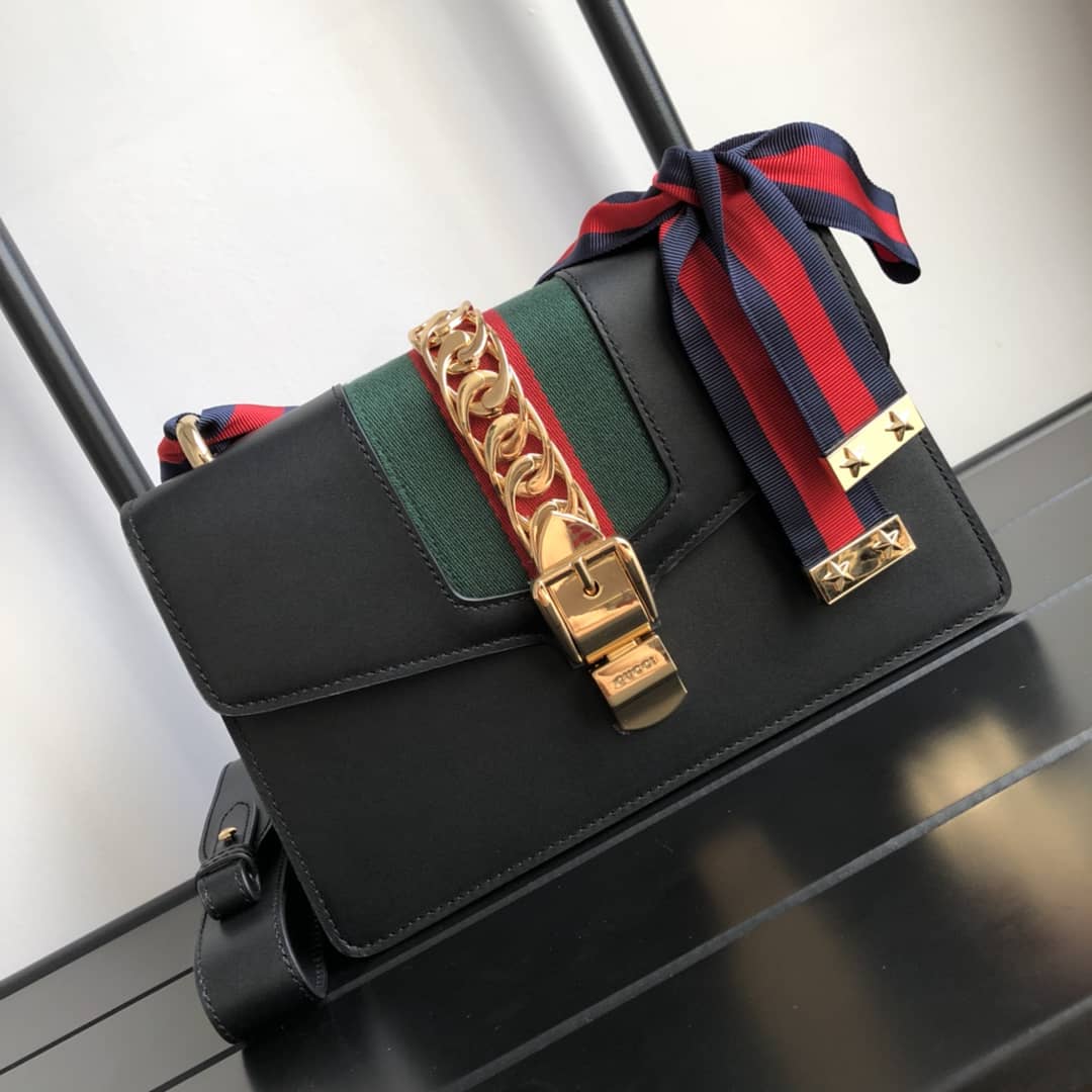 Gucci Sylvie Small Leather Shoulder Bag Replica Black 421882 - DEEPREPS