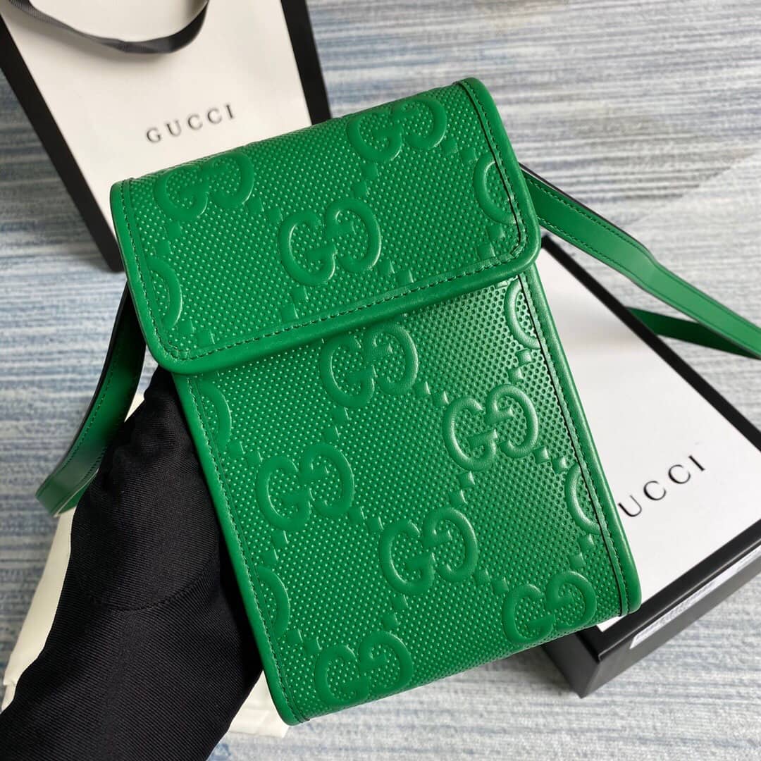 Gucci GG Embossed Leather Mini Messenger Bag Replica Green 625571 - DEEPREPS