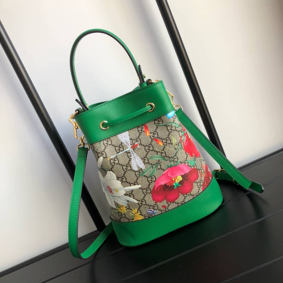 Gucci Ophidia GG Flora Pattern Small Bucket Bag Replica Green 550621 - DEEPREPS