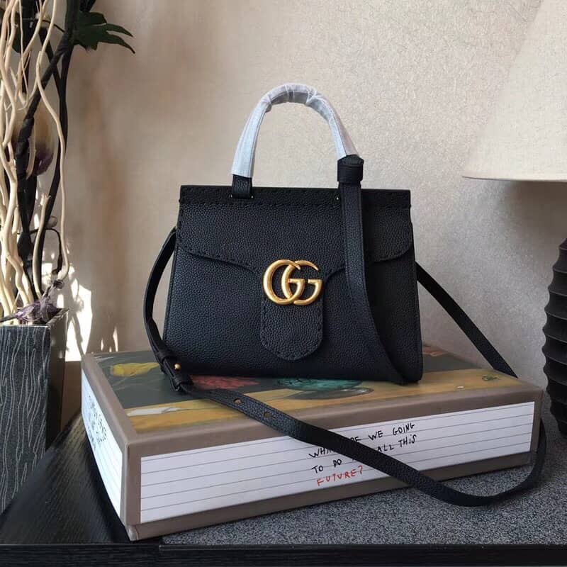 Gucci GG Marmont Leather Top Handle Replica Bag Black 421890 - DEEPREPS