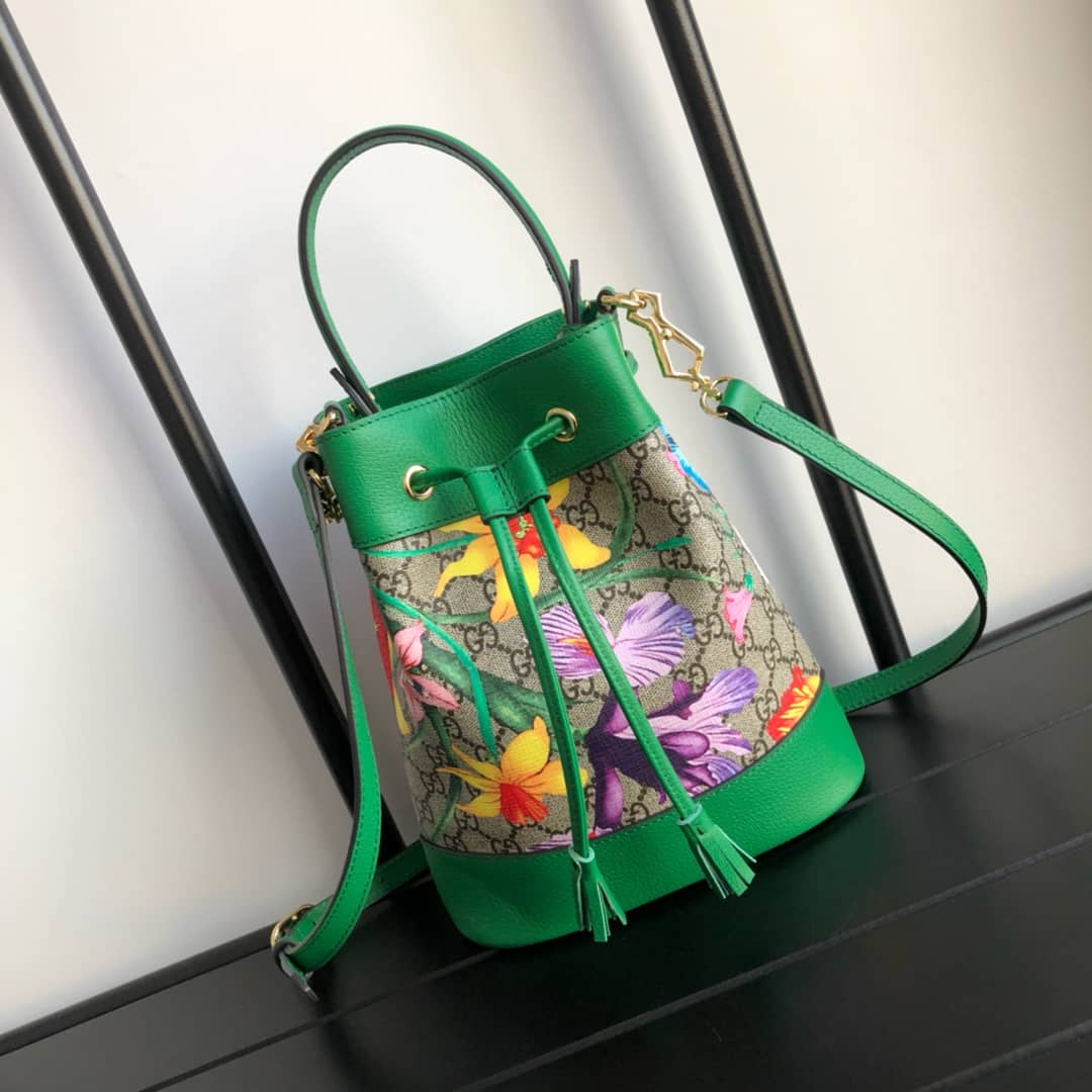Gucci Ophidia GG Flora Pattern Small Bucket Bag Replica Green 550621 - DEEPREPS