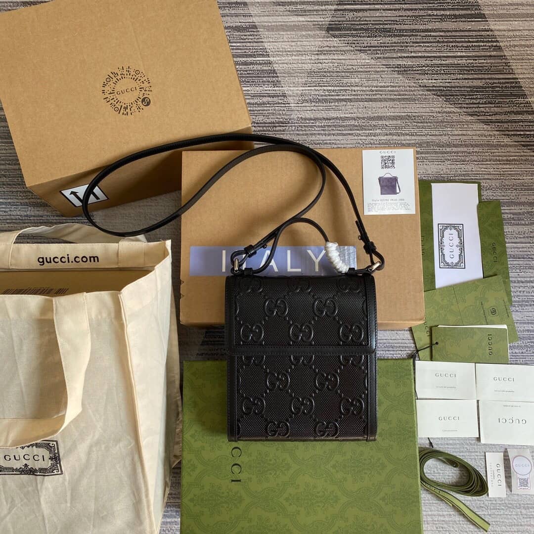 Gucci GG Embossed Leather Shoulder Bag Black 627470 - DEEPREPS