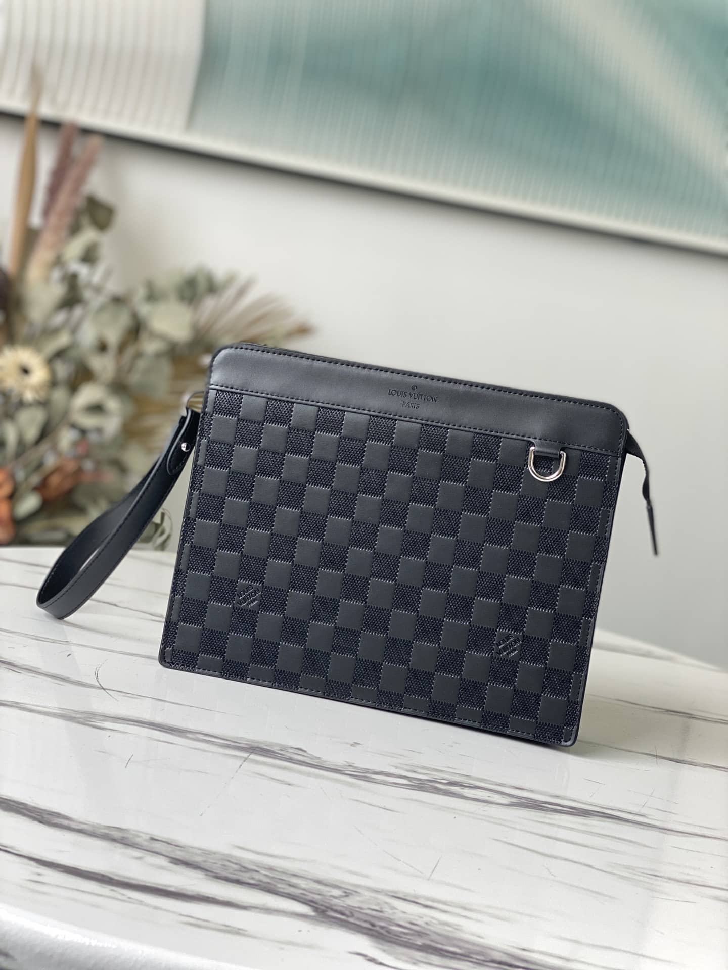 Louis Vuitton Leather Standing Damier Infini 3D Cowhide Pouch Replica Black N60450 - DEEPREPS