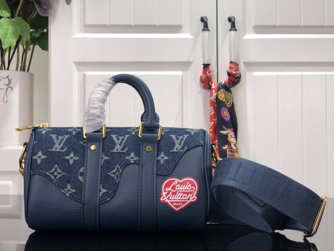 Louis Vuitton x Nigo Keepall XS Leather Monogram Denim Bag Replica Blue M81011 - DEEPREPS