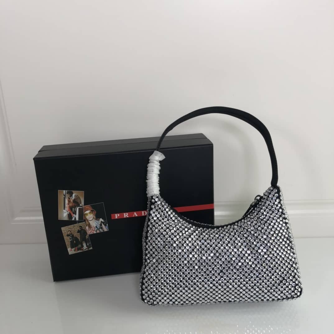 Prada Satin Re-Edition 2000 Crystal Mini Hobo - DEEPREPS