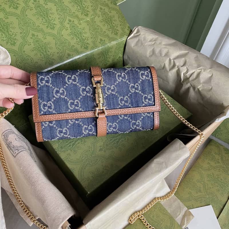 Gucci Jackie 1961 Chain Wallet Organic GG Denim Raplica 652681 - DEEPREPS
