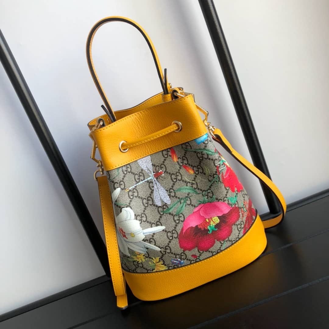 Gucci Ophidia GG Flora Pattern Small Bucket Bag Replica Yellow 550621 - DEEPREPS