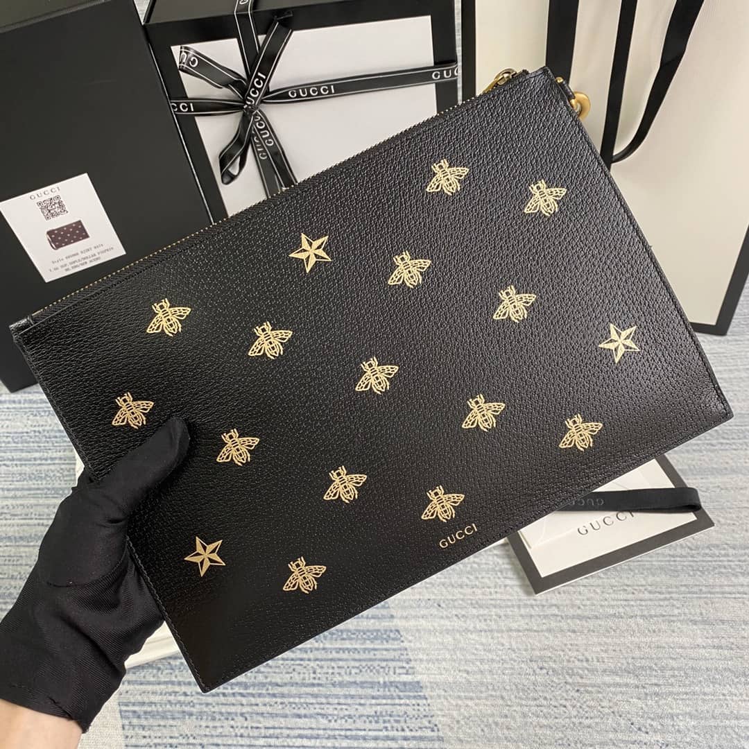 Gucci Mens Bee Star Leather Pouch Replica 495066 - DEEPREPS