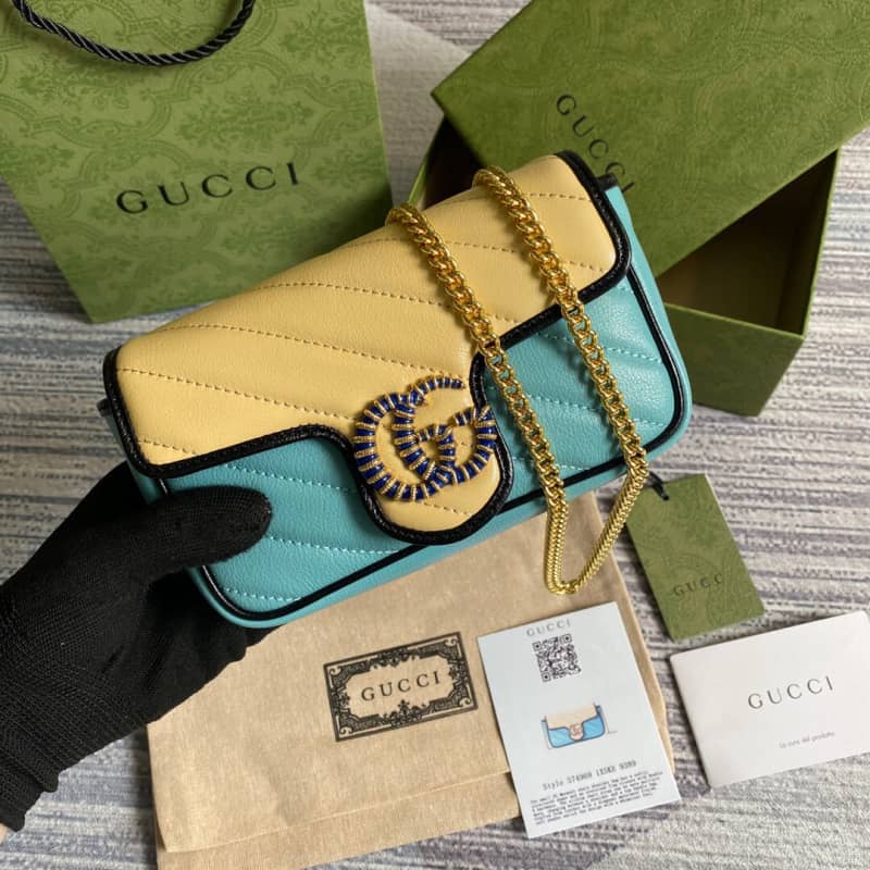Gucci GG Marmont Mini Matelasse Leather Shoulder Bag Replica Yellow Blue 574969 - DEEPREPS