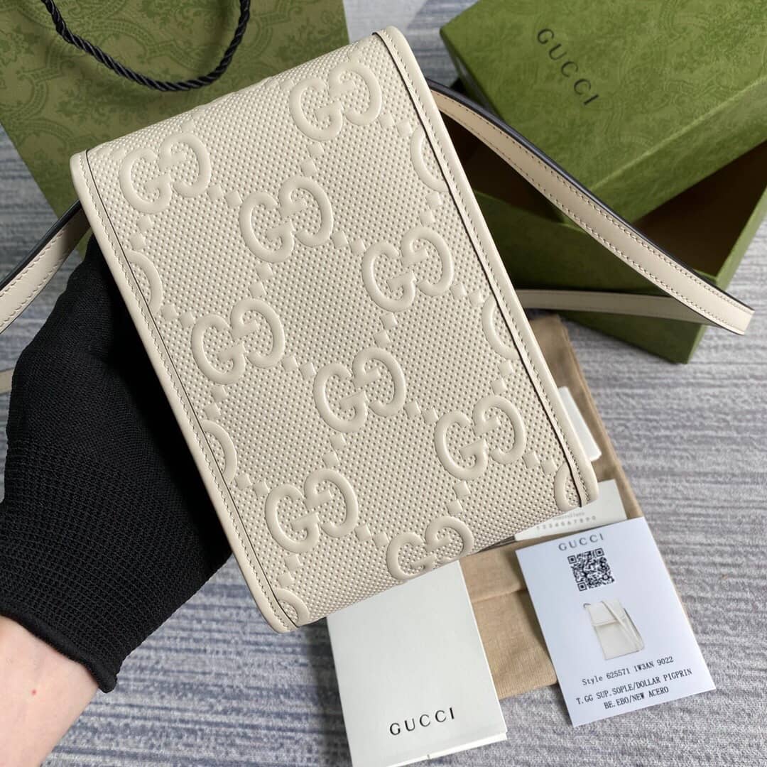 Gucci GG Embossed Leather Mini Messenger Bag Replica White 625571 - DEEPREPS