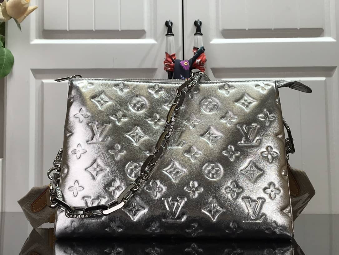 Louis Vuitton Cream Coussin PM Monogram Embossed Lambskin Replica Bag Silver M57793 - DEEPREPS