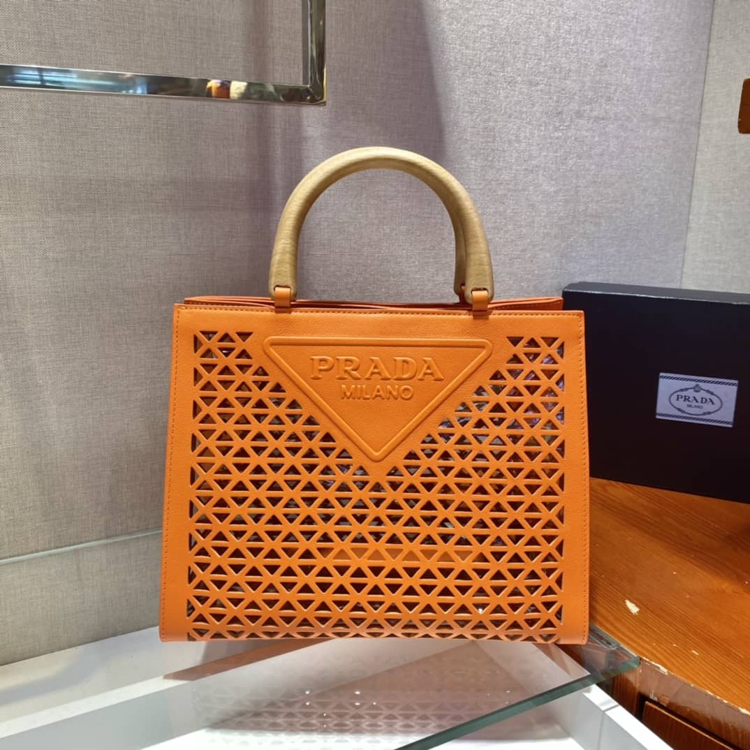 Prada Hollow Out Cowhide Leather Beech Tote - DEEPREPS