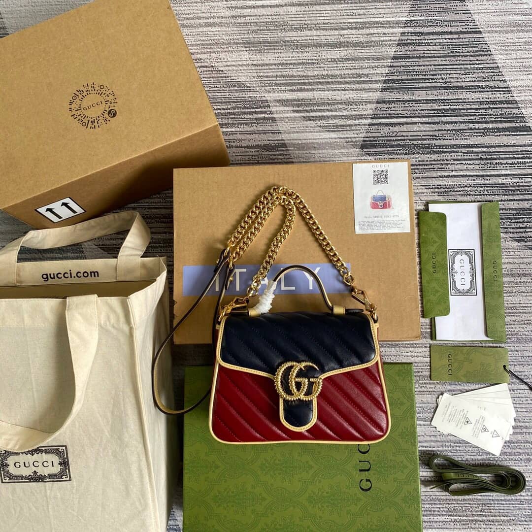 Gucci GG Marmont Mini Top Handle Bag Replica Red Blue 583571 - DEEPREPS