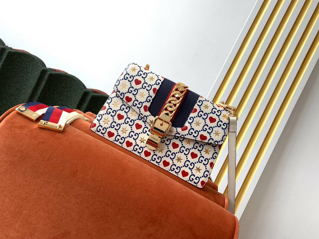 Gucci Sylvie Small Leather Shoulder Bag Replica White Blue 524405 - DEEPREPS