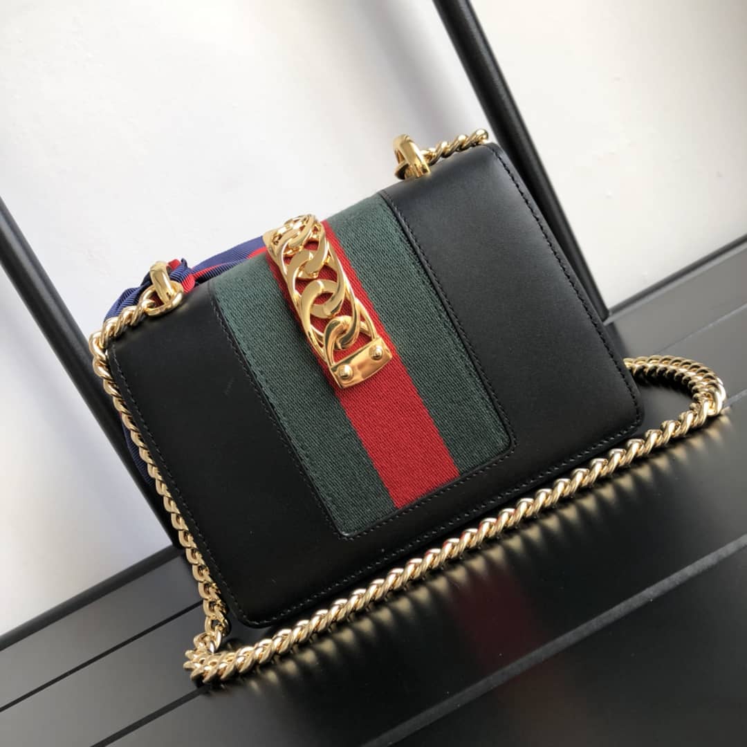 Gucci Sylvie Leather Mini Chain Shoulder Bag Replica Black 431666 - DEEPREPS