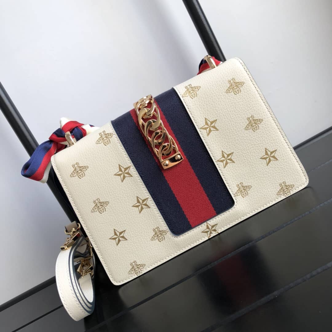 Gucci Sylvie Small Leather Shoulder Bag Replica White 524405 - DEEPREPS