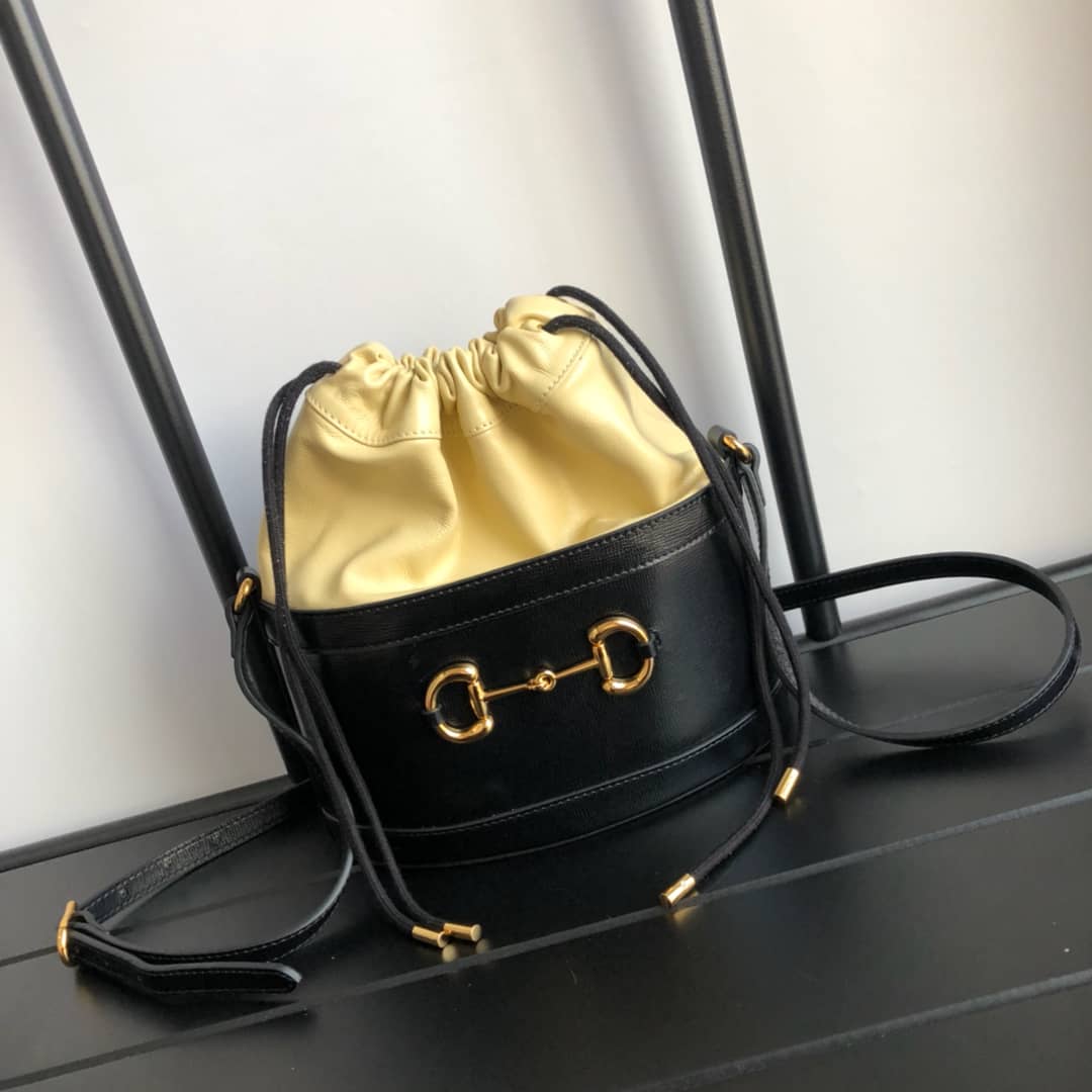 Gucci 1955 Horsebit Bucket Bag Replica Yellow Black 602118 - DEEPREPS
