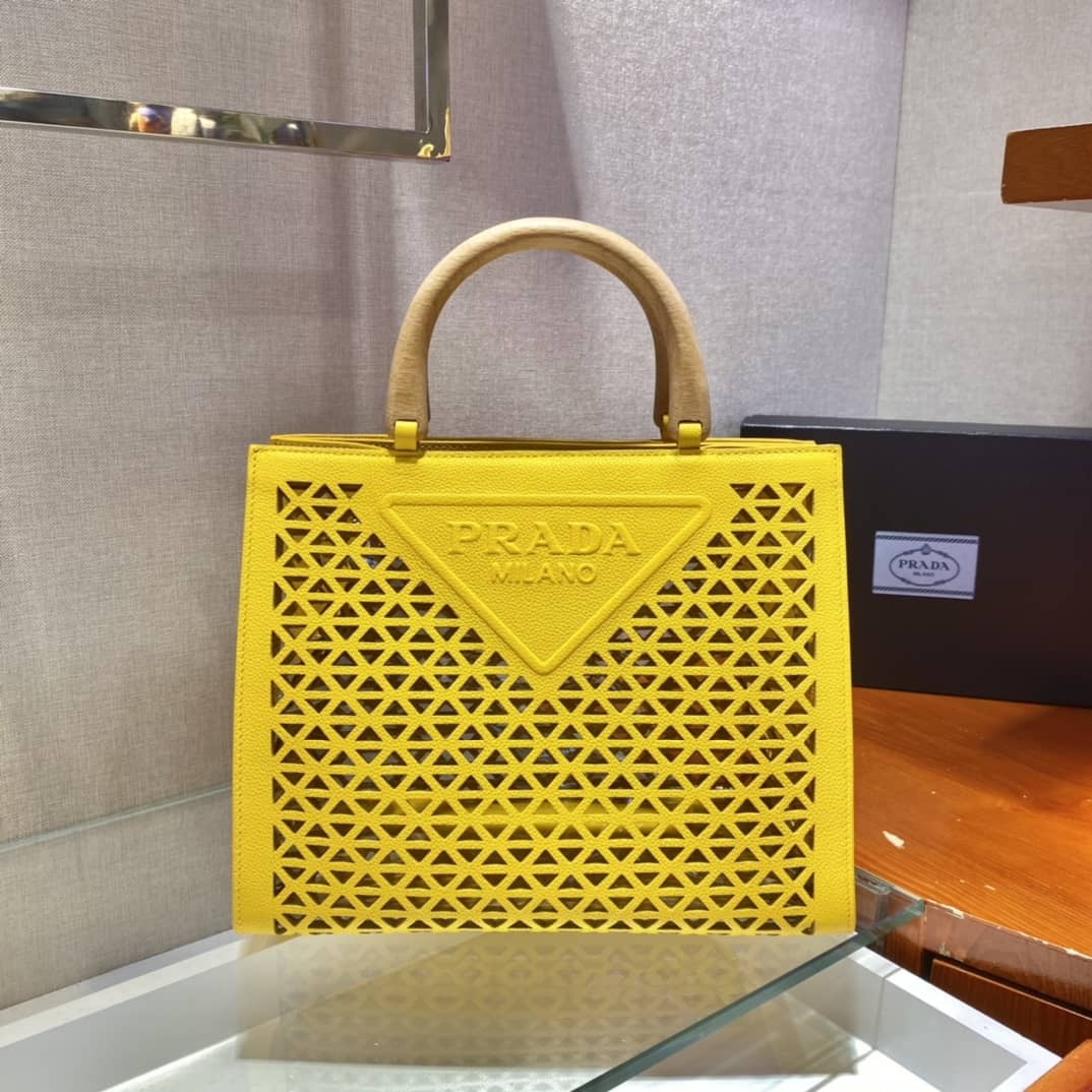 Prada Hollow Out Cowhide Leather Beech Tote - DEEPREPS