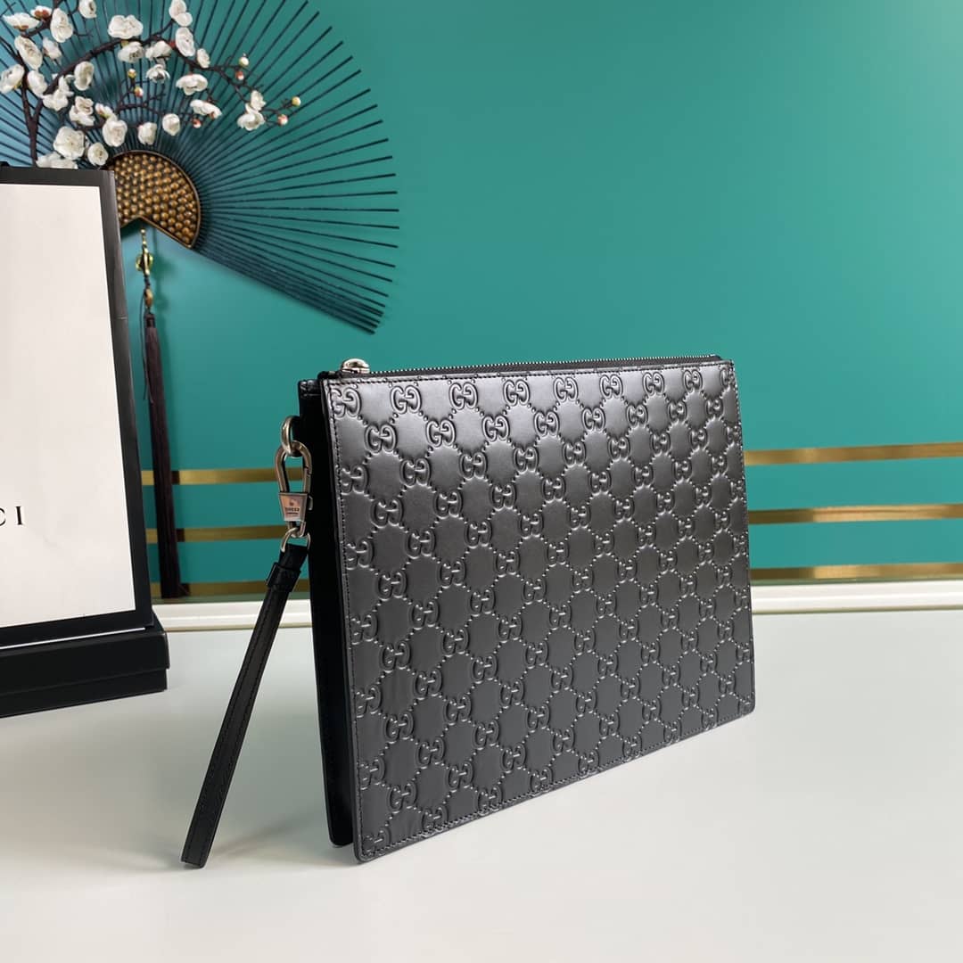 Gucci Embossed Logo Calf Leather Black Pouch 547074 - DEEPREPS