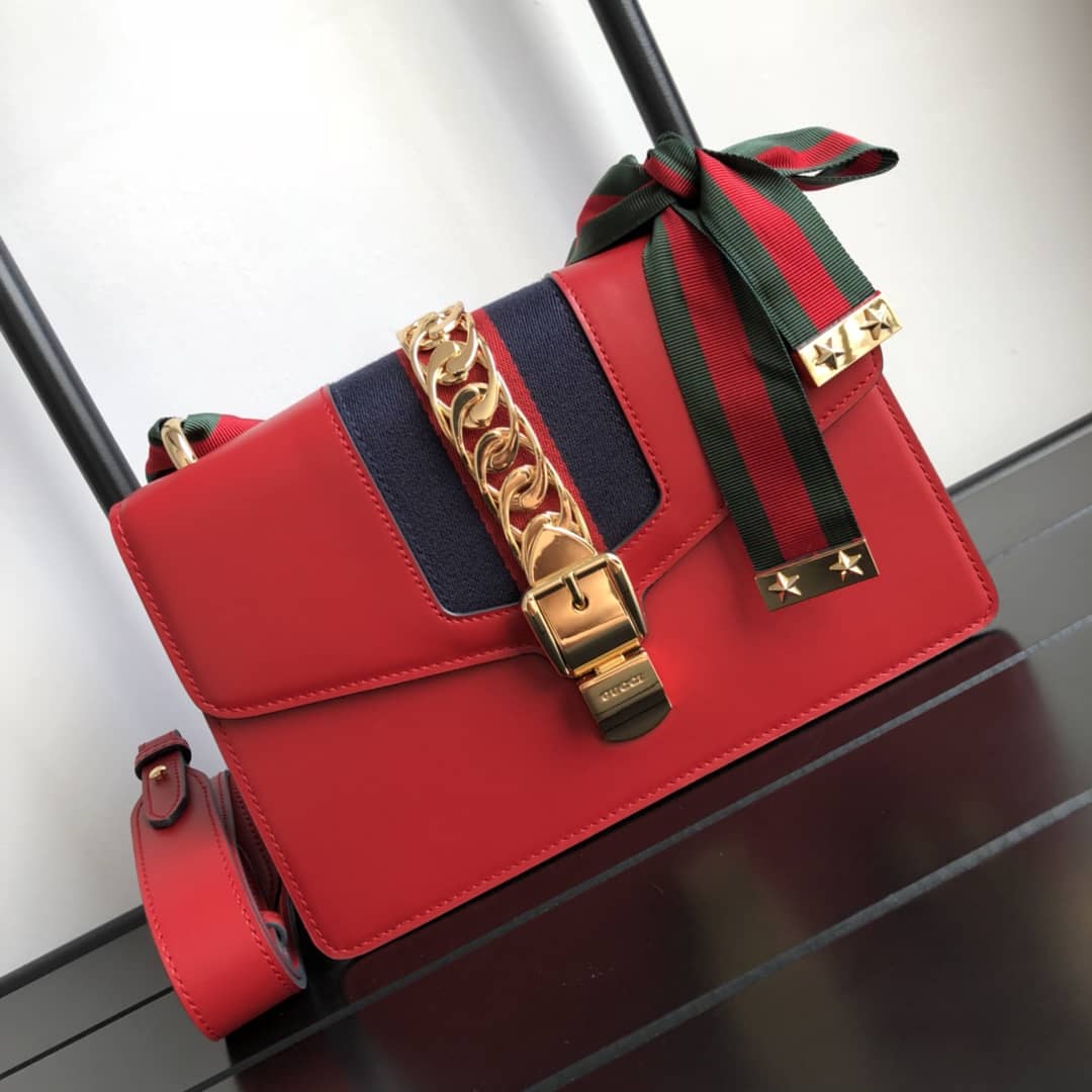 Gucci Sylvie Small Leather Shoulder Bag Replica Red 421882 - DEEPREPS