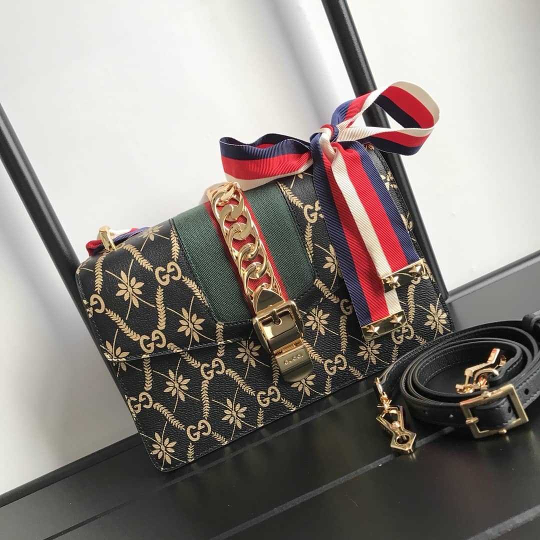 Gucci Sylvie Small Leather Shoulder Bag Replica Black 524405 - DEEPREPS