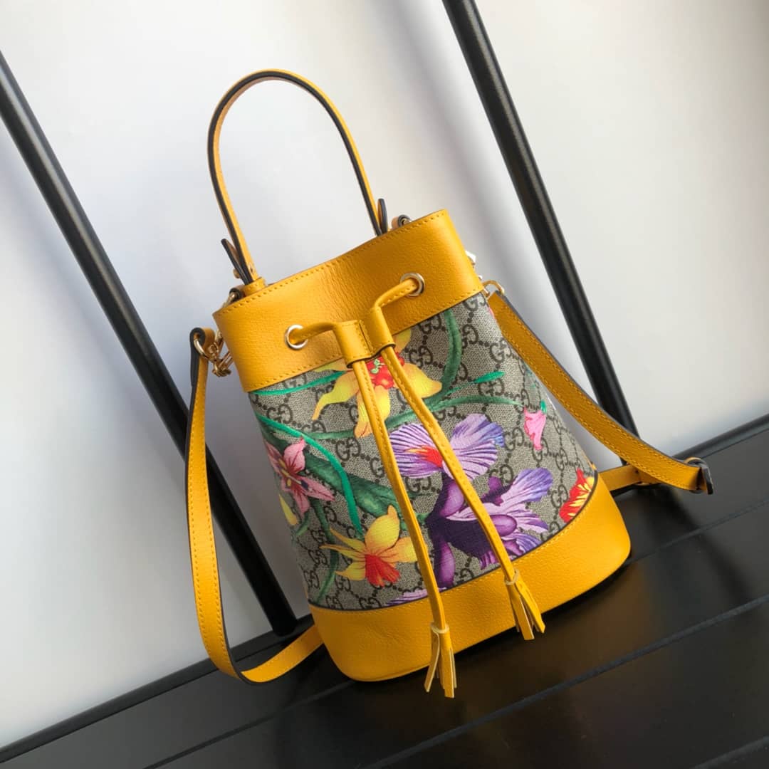 Gucci Ophidia GG Flora Pattern Small Bucket Bag Replica Yellow 550621 - DEEPREPS