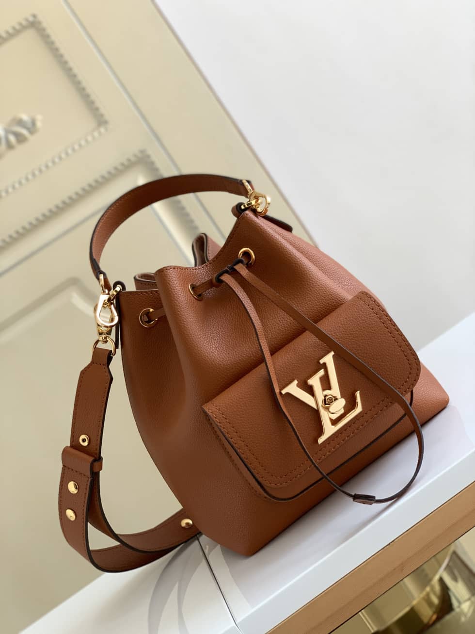 Louis Vuitton Lockme Grained Calf Leather Brown M57689 Replica Bucket Bag - DEEPREPS