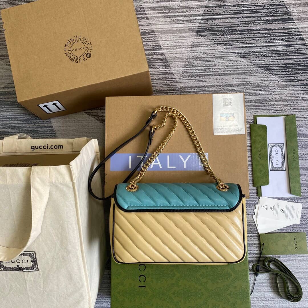 Gucci GG Marmont Matelasse Shoulder Bag Replica Blue Yellow 443497 - DEEPREPS