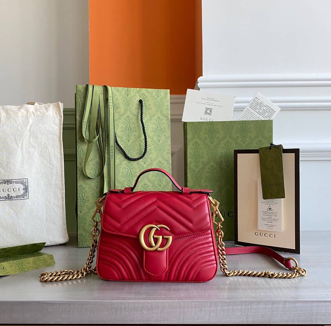Gucci GG Marmont Mini Leather Top Handle Bag Replica Red 547260 - DEEPREPS