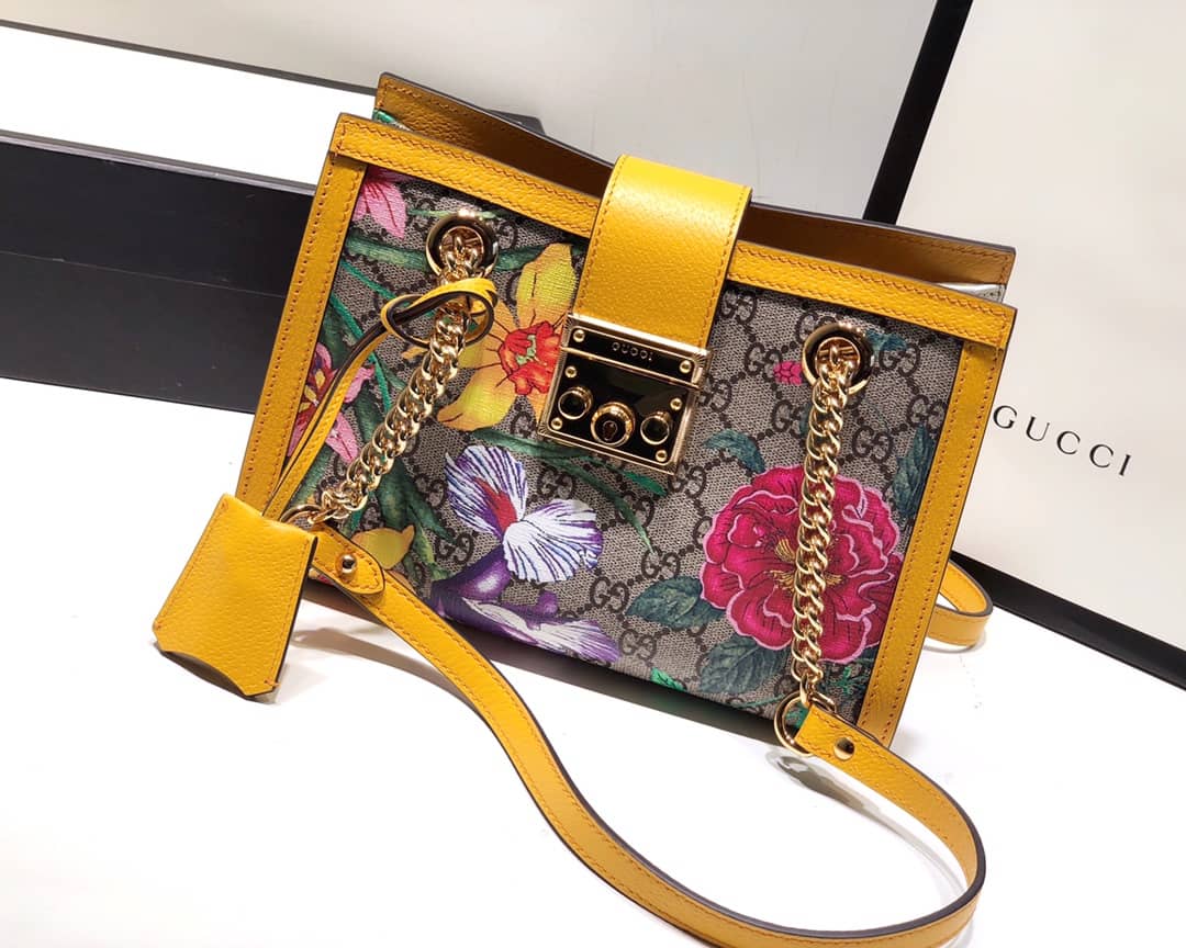 Gucci Padlock Small GG Supreme Canvas Shoulder Bag Replica Yellow 498156 - DEEPREPS