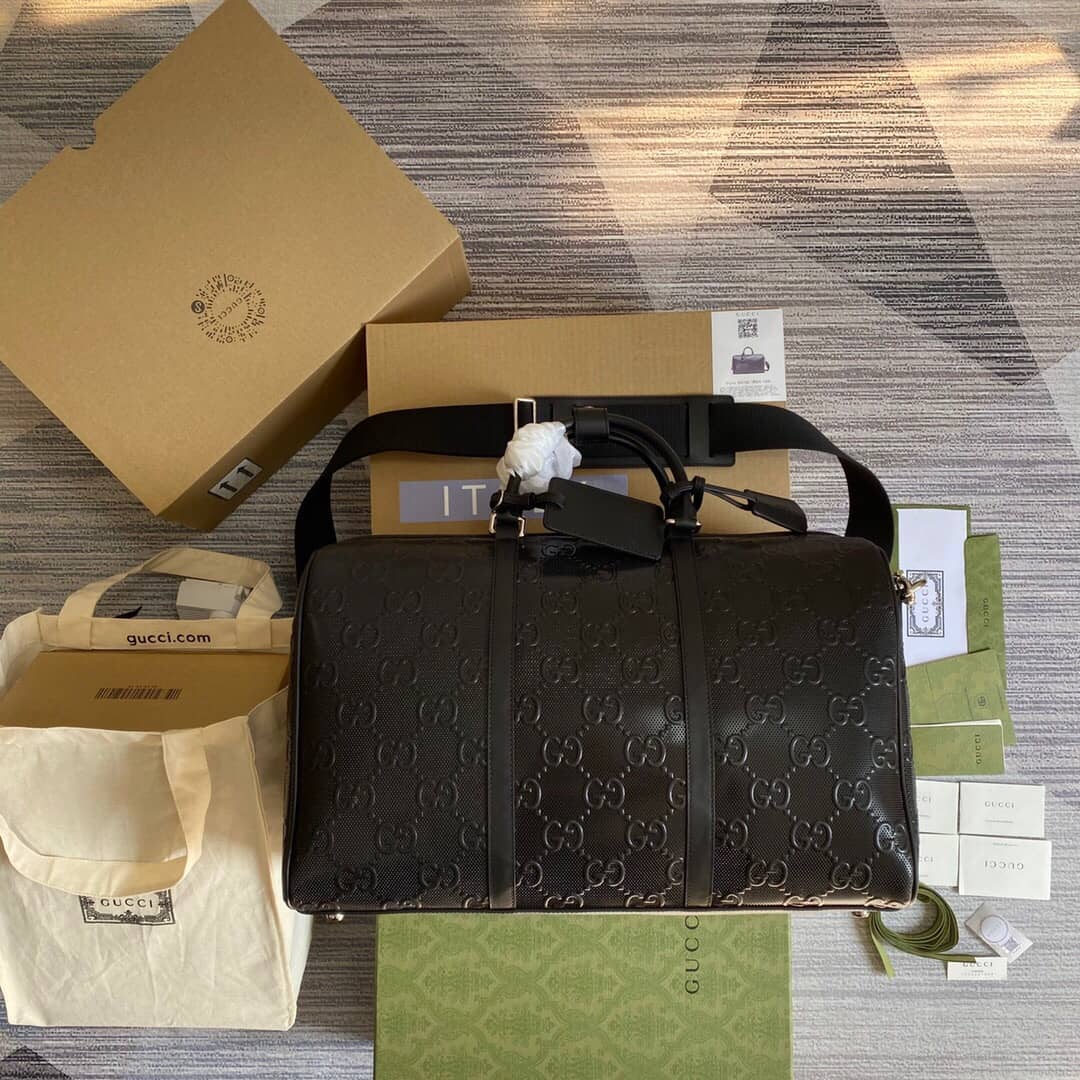 Gucci GG Embossed Perforated Leather Duffle Bag Replica Black 625768 - DEEPREPS