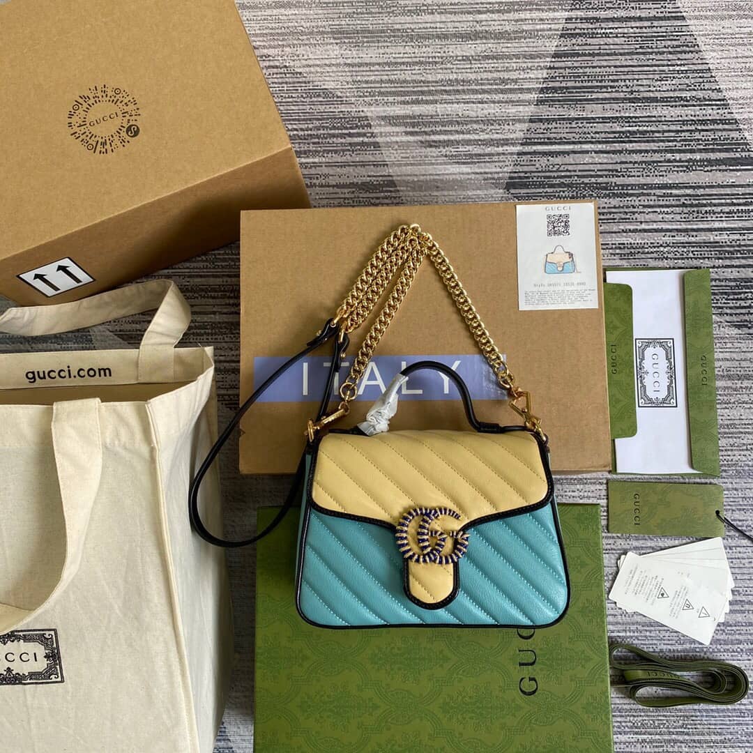 Gucci GG Marmont Mini Top Handle Bag Replica Blue Yellow 583571 - DEEPREPS