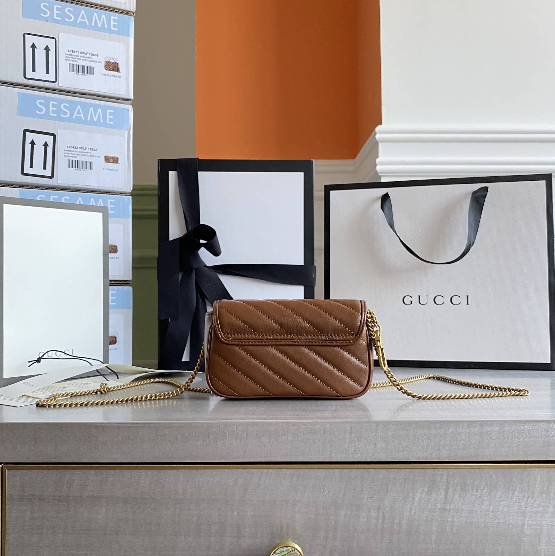 Gucci GG Marmont Matelasse Leather Mini Shoulder Bag Replica Brown 476433 - DEEPREPS