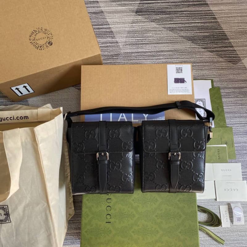 Gucci GG Emboss Waist Body Leather Bag Replica Black 631339 - DEEPREPS