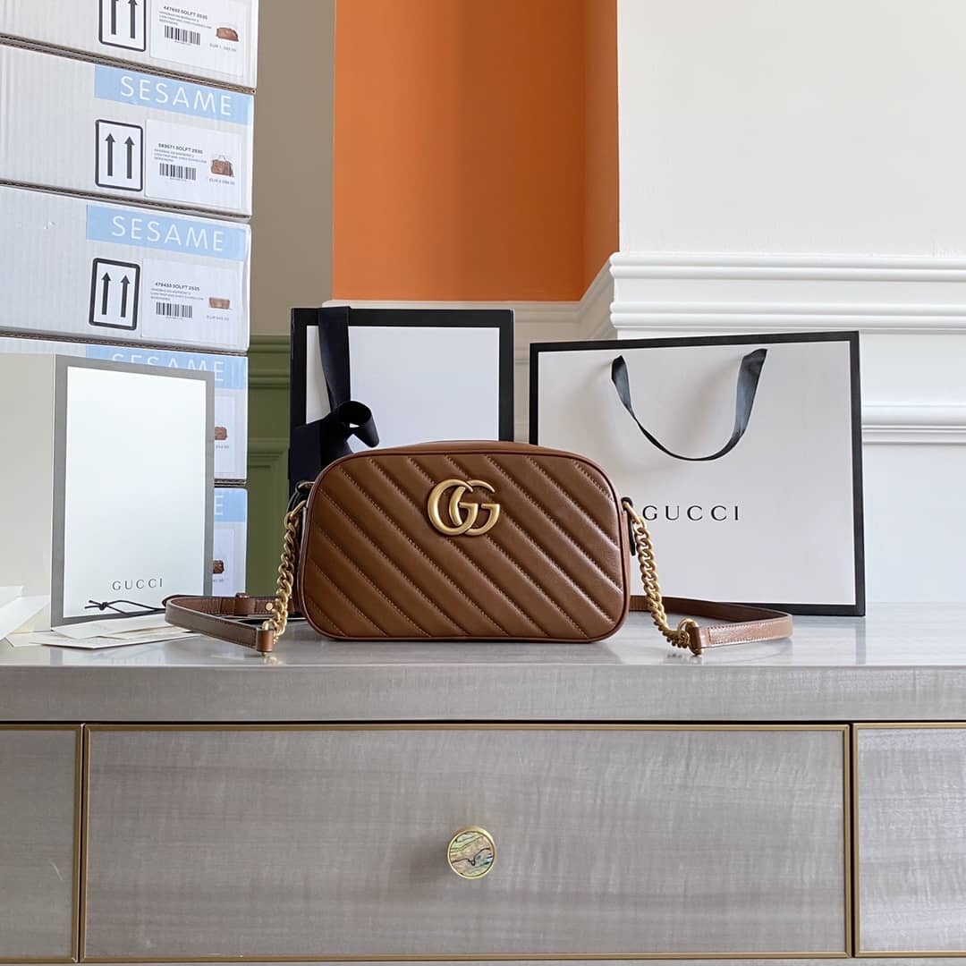Gucci Handbag Dupes GG Marmont Small Shoulder Handbag Camera Bag Replica Brown 447632 - DEEPREPS