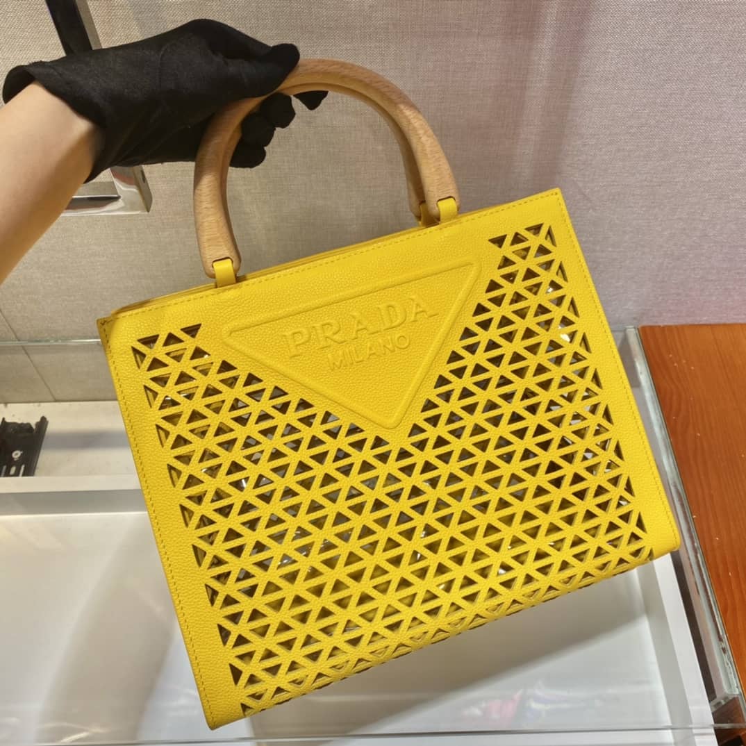 Prada Hollow Out Cowhide Leather Beech Tote - DEEPREPS