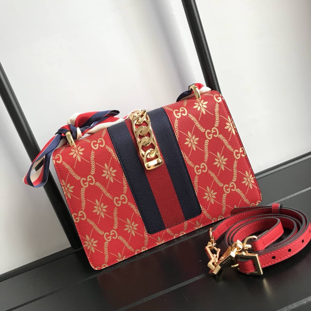 Gucci Sylvie Small Leather Shoulder Bag Replica Red 524405 - DEEPREPS