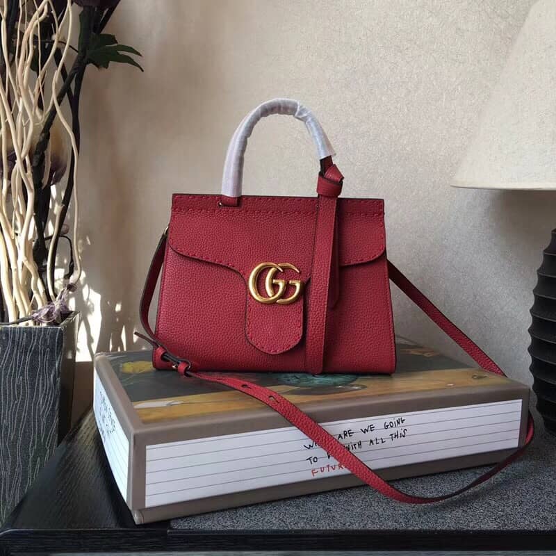 Gucci GG Marmont Leather Top Handle Replica Bag Red 421890 - DEEPREPS