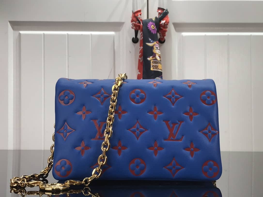 Louis Vuitton Coussin Lambskin Monogram Embossed Pochette Replica Bag Blue - DEEPREPS