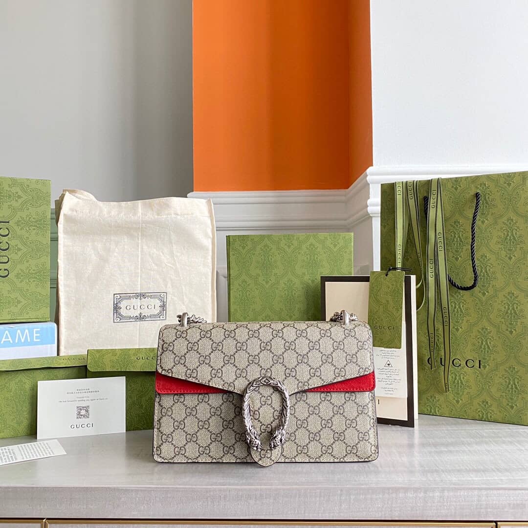 Gucci Dionysus Dupe GG Supreme Dionysus Chain Replica Shoulder Bag Gray Red 400249 - DEEPREPS