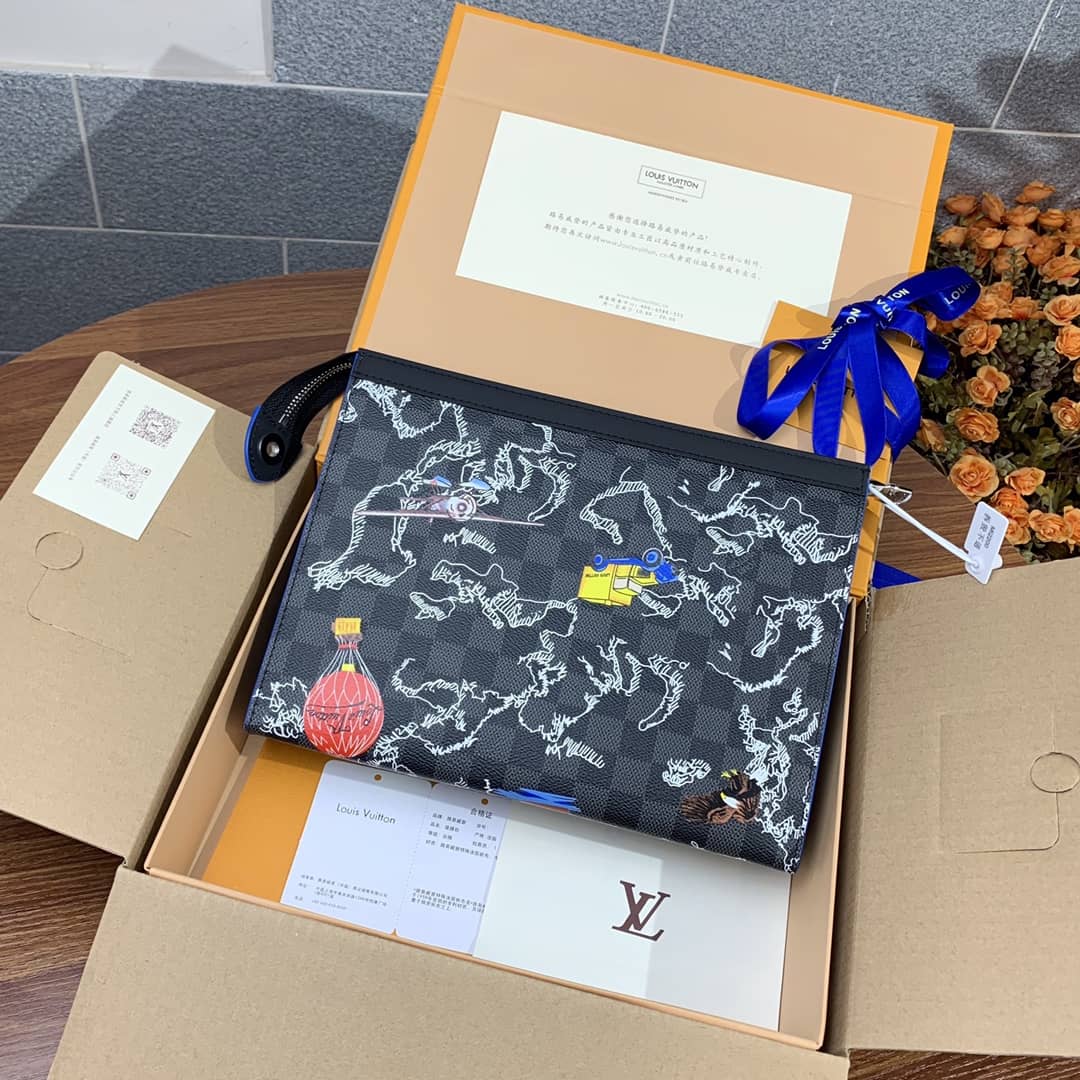 Louis Vuitton Damier Graphite Replica Pochette Voyage MM Blue N40205 - DEEPREPS