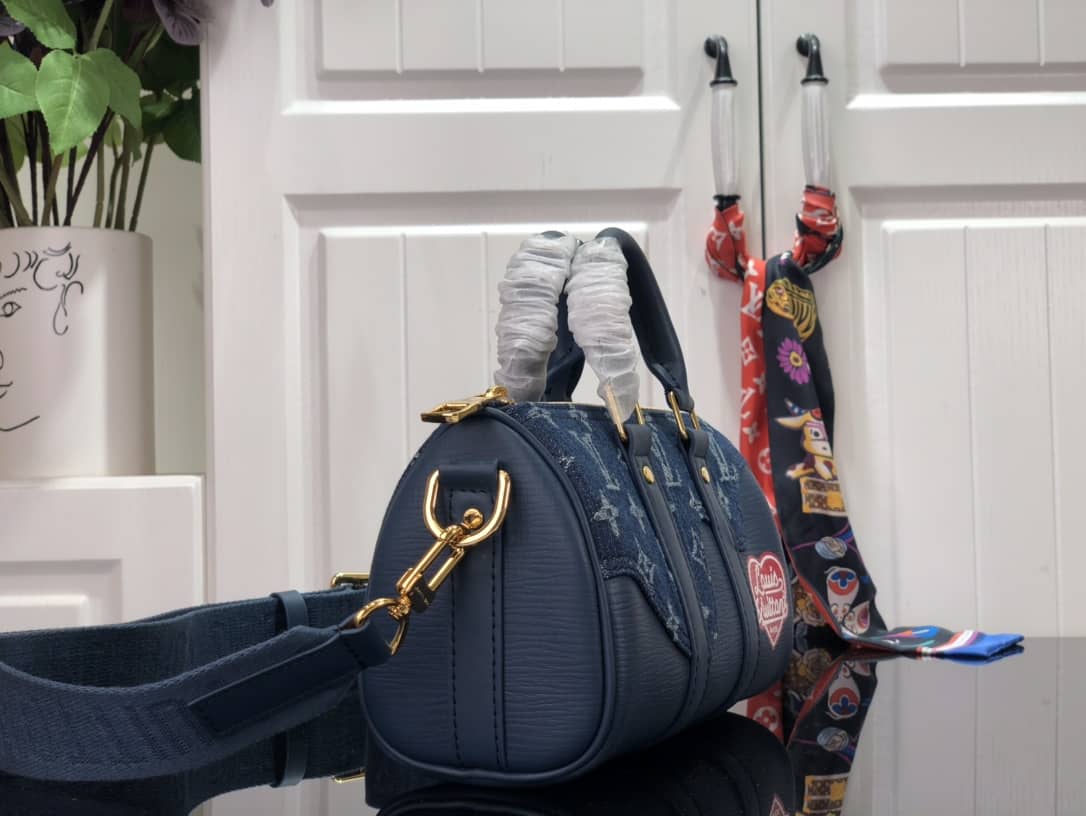 Louis Vuitton x Nigo Keepall XS Leather Monogram Denim Bag Replica Blue M81011 - DEEPREPS