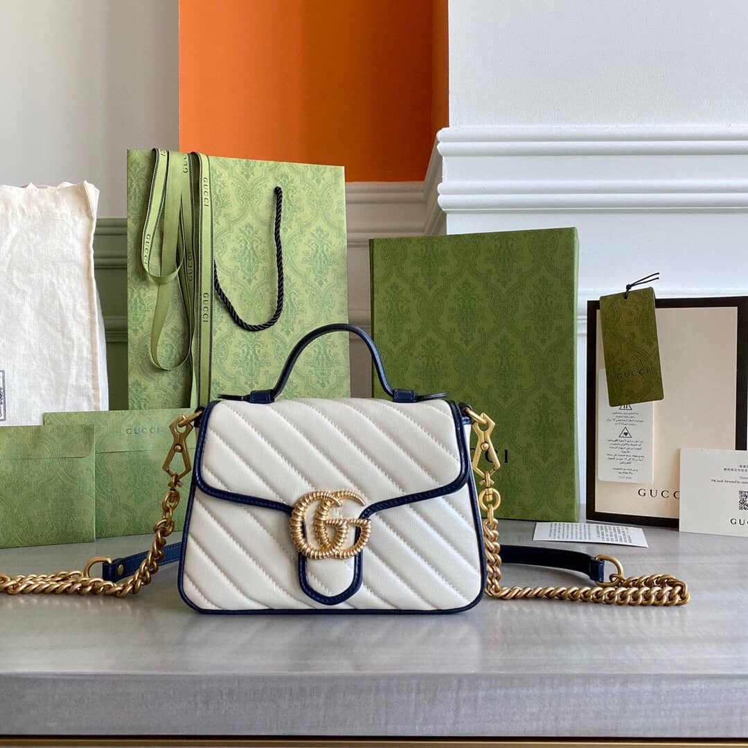 Gucci GG Marmont Mini Top Handle Bag Replica White Blue 583571 - DEEPREPS