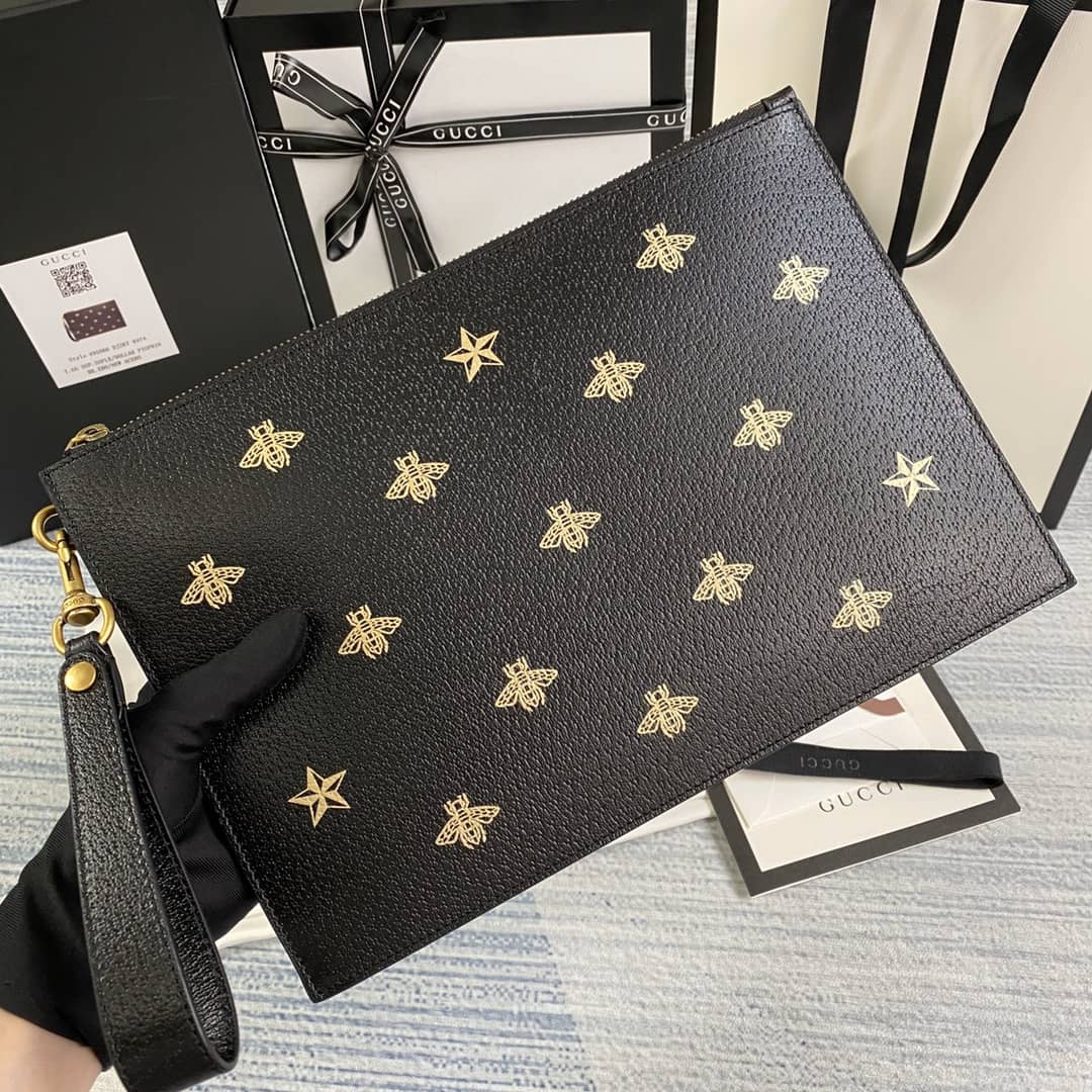 Gucci Mens Bee Star Leather Pouch Replica 495066 - DEEPREPS