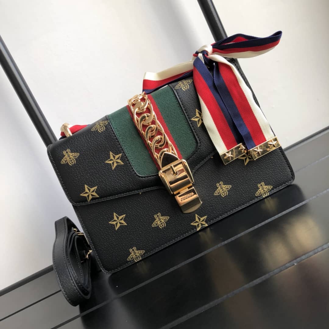 Gucci Sylvie Small Leather Shoulder Bag Replica Black 524405 - DEEPREPS