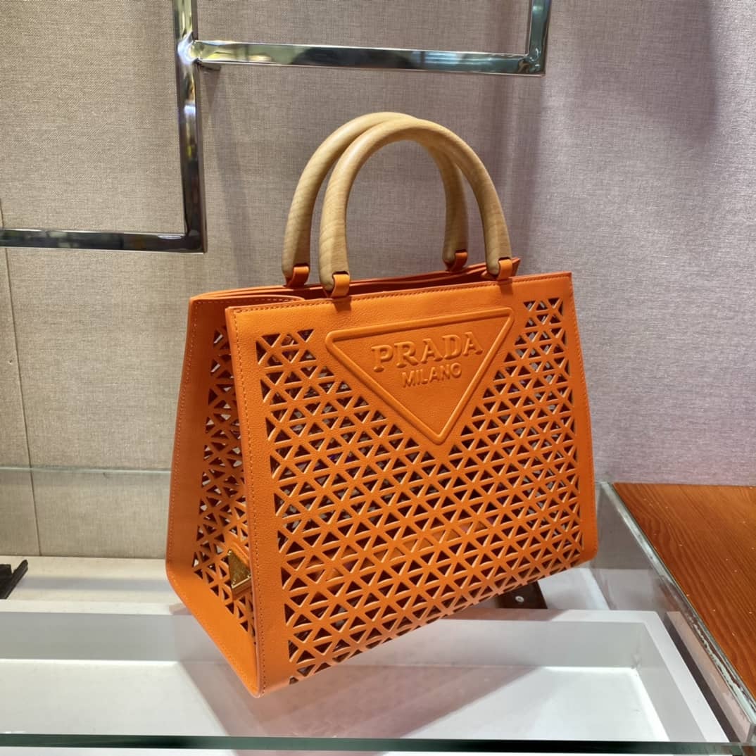 Prada Hollow Out Cowhide Leather Beech Tote - DEEPREPS
