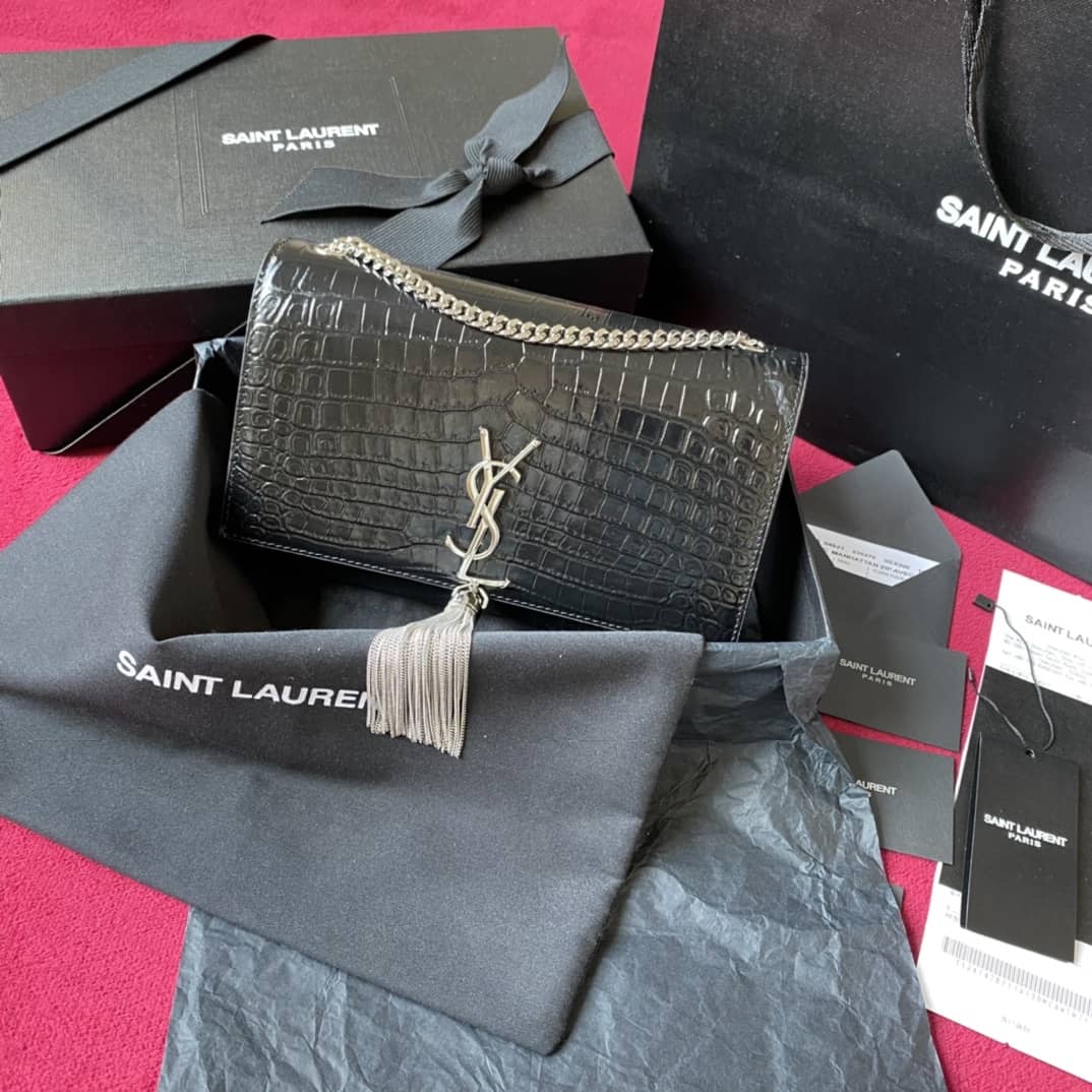 YSL Monogram Kate Tassel Embossed Crocodile Shiny Leather Cohotbag - DEEPREPS