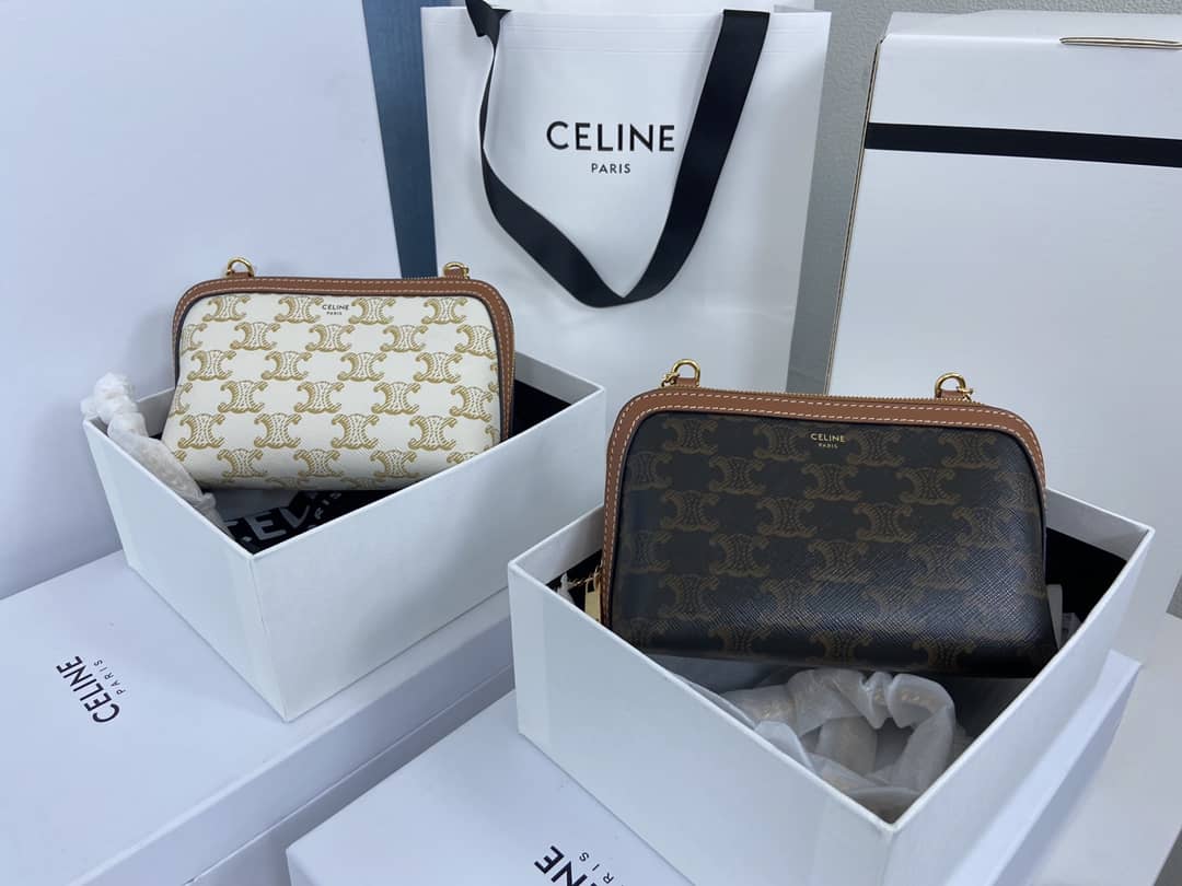 Celine Bag Dupe Triomphe Canvas Lambskin Chain Replica Clutch - DEEPREPS